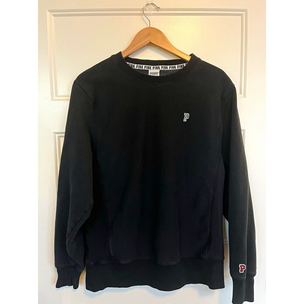 PINK Victoria's Secret Black Crewneck Sweatshirt Embroidered P Logo Size Medium